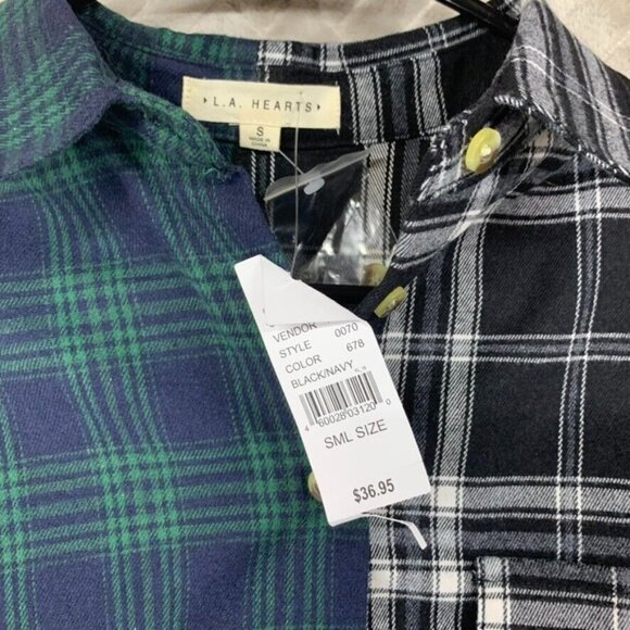 LA Hearts Womans S Crop Top Button Up Shirt Two Tone Plaid Long Sleeve Collared - Picture 7 of 16